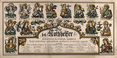 Devotional print of the Fourteen Holy Helpers including Saint Achatius