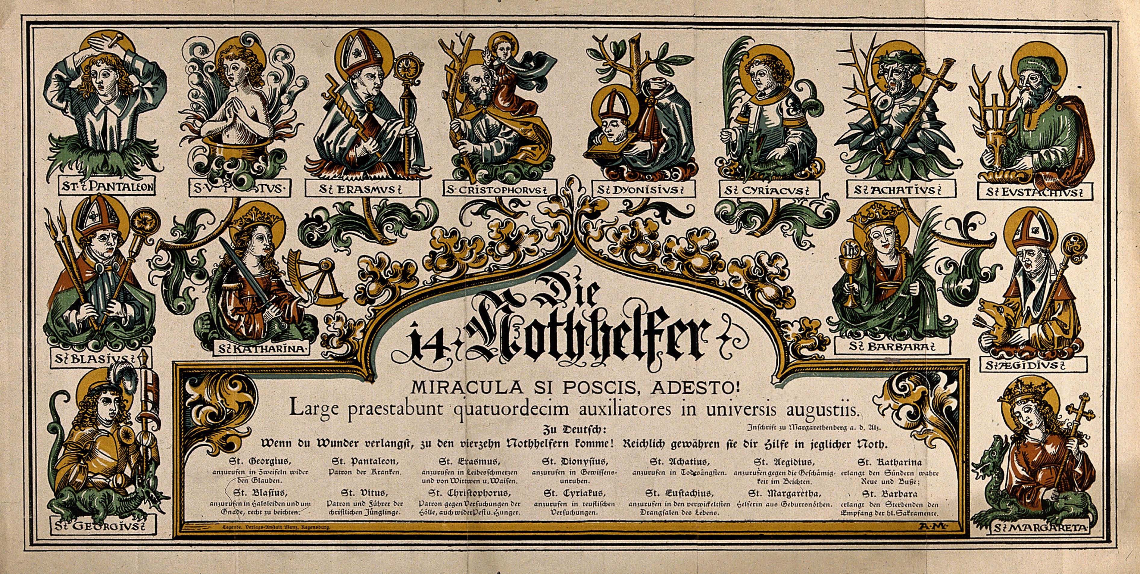 Devotional print of the Fourteen Holy Helpers including Saint Achatius