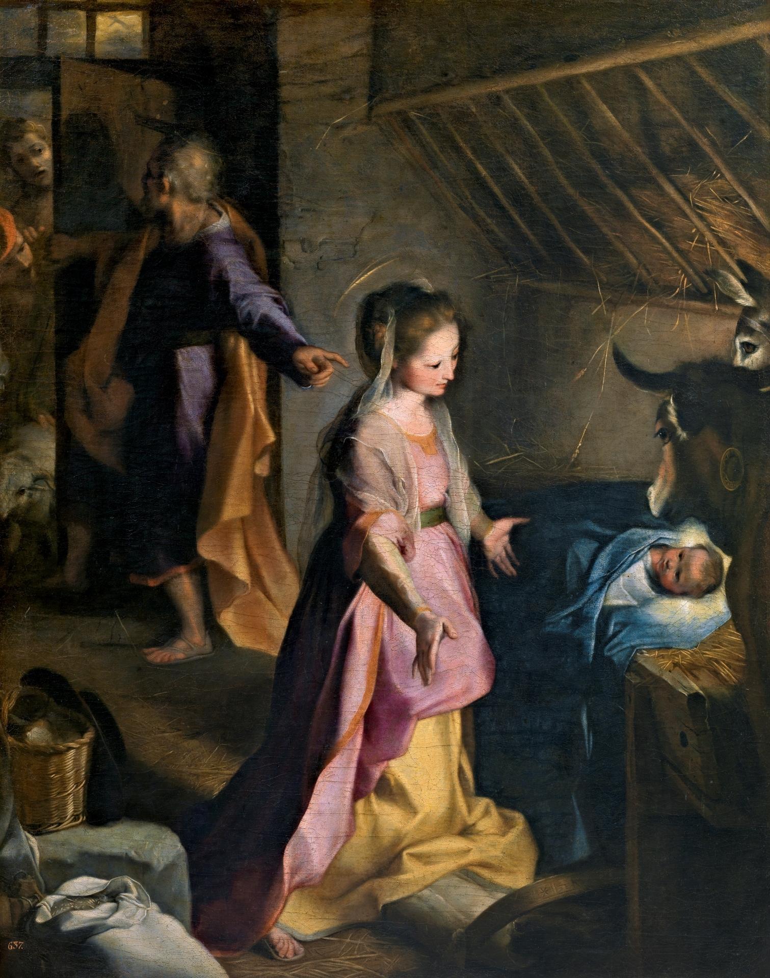 Our Lady adoring the Infant Jesus with St. Joseph nearby