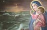 Our Lady Star of the Sea with the Christ Child above stormy water and a distant ship