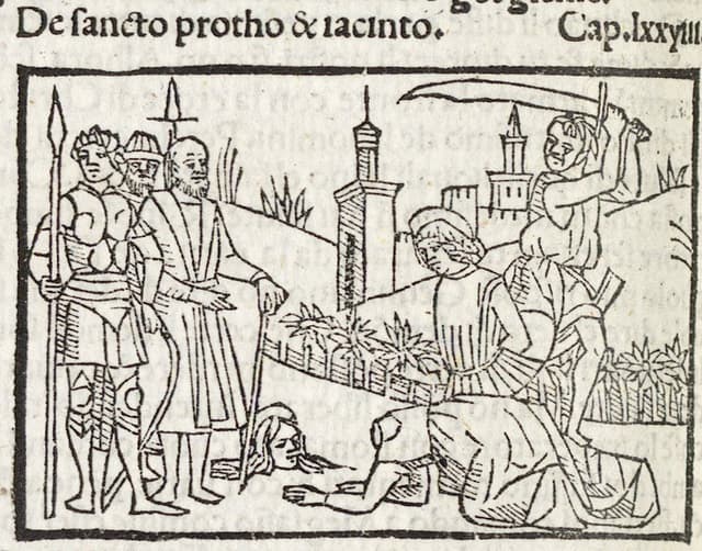 Woodcut of the martyrdom of Saints Protus and Hyacinth