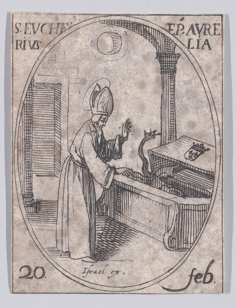 Devotional engraving of Saint Eucherius, Bishop of Orleans