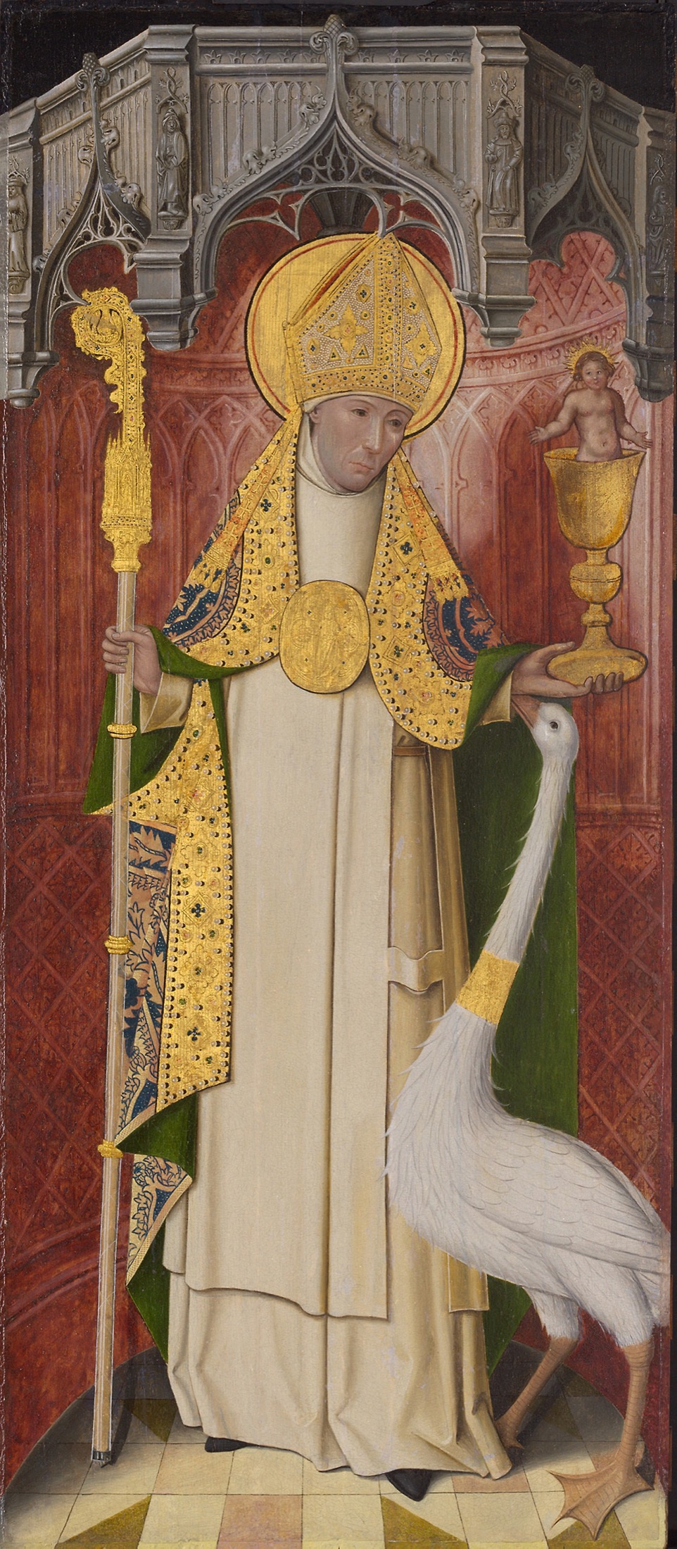 Late medieval altarpiece of Saint Hugh of Lincoln with his swan