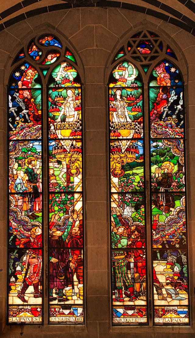 Stained glass scenes from the life of Saint Nicholas of Flüe by Józef Mehoffer