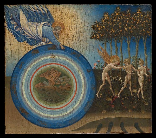 God creating the world, alongside Adam and Eve being led out of Paradise