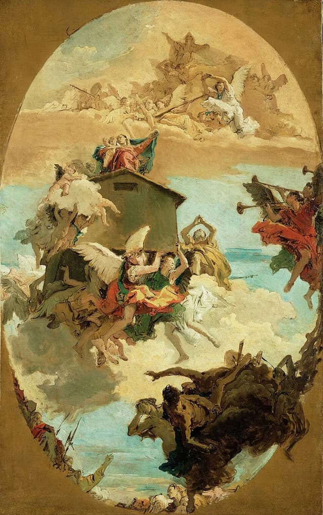 Our Lady and the Christ Child above the Holy House of Loreto carried by angels