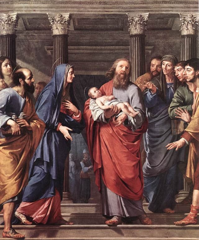 Simeon receiving the Infant Jesus in the Temple, with Mary and Joseph nearby