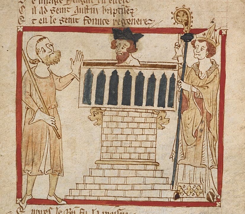 Saint Augustine of Canterbury baptizing King Æthelberht in a medieval manuscript miniature