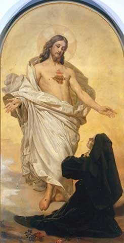 Saint Margaret Mary Alacoque kneeling before Christ revealing His Sacred Heart