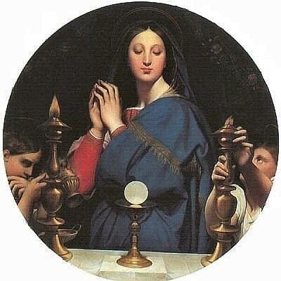 The Blessed Virgin Mary praying before the Eucharistic Host