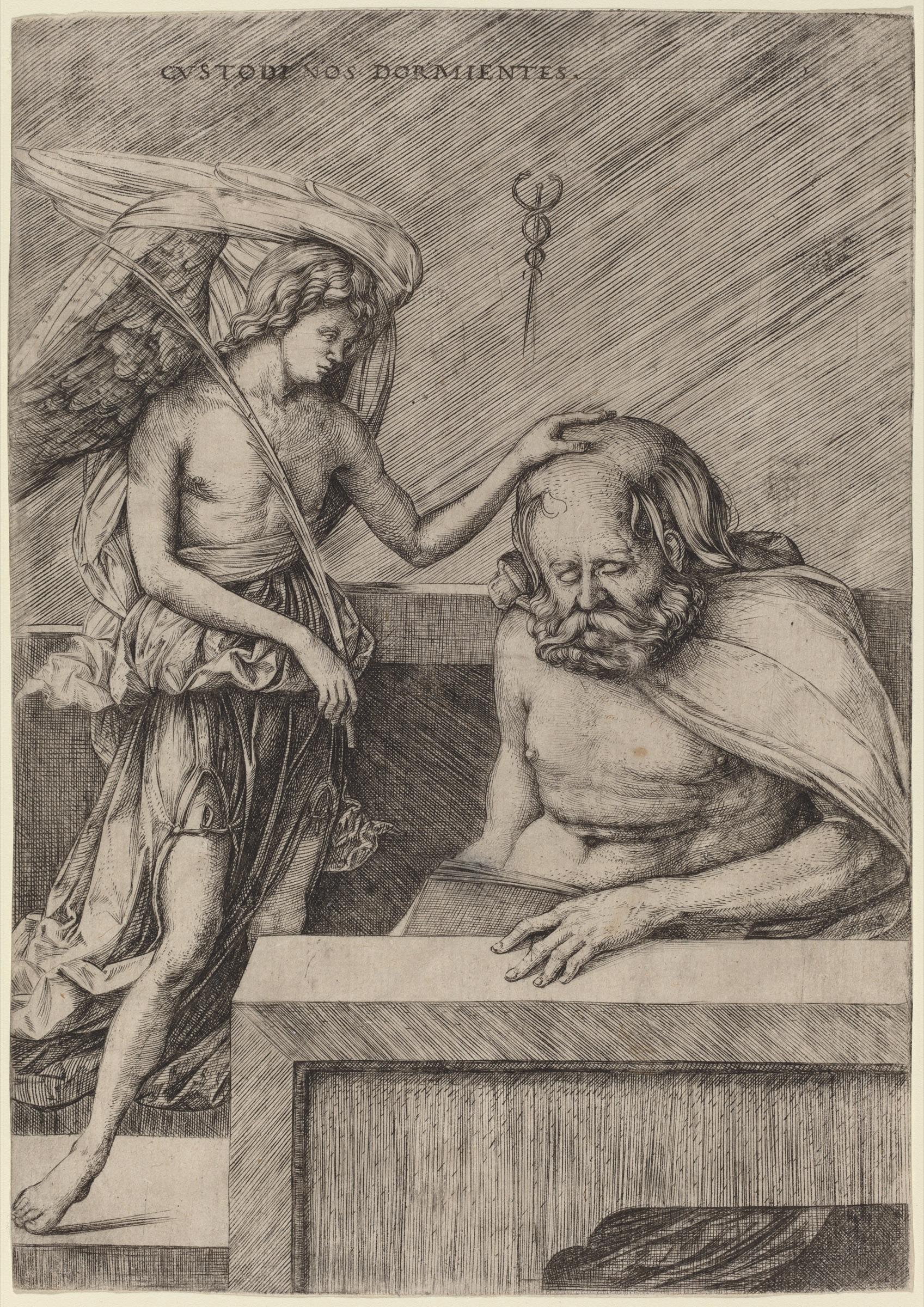 A guardian angel watching over a sleeping man, an engraving by Jacopo de’ Barbari