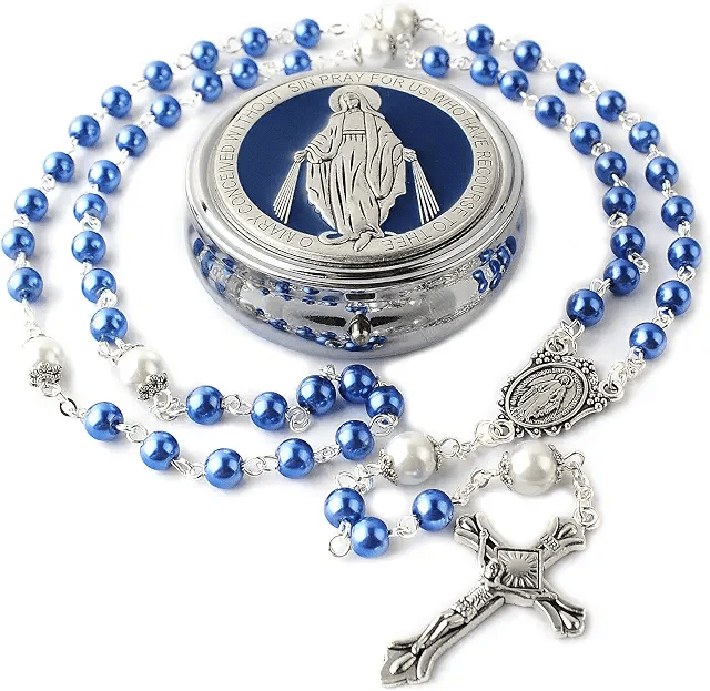 Blue Marian rosary with a decorated case
