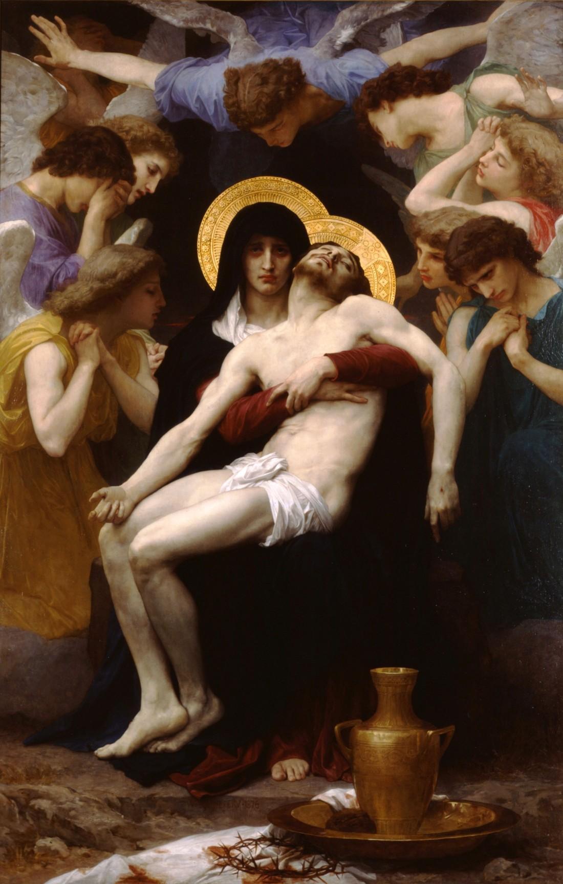 The sorrowful Virgin Mary holds the body of Jesus, surrounded by mourning angels, in Bouguereau’s Pietà