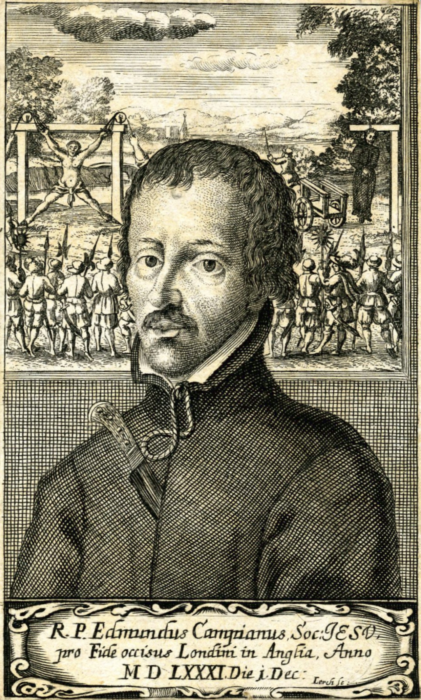 Engraving of Saint Edmund Campion with scenes of martyrdom