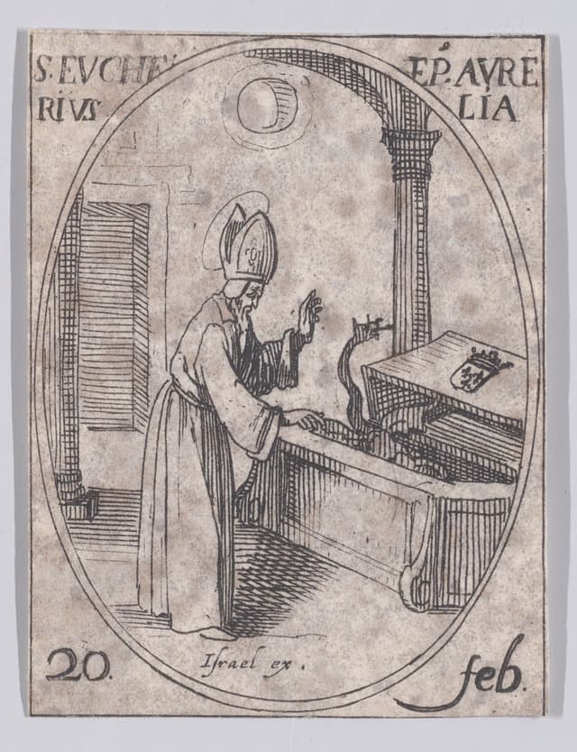 Devotional engraving of Saint Eucherius, Bishop of Orleans