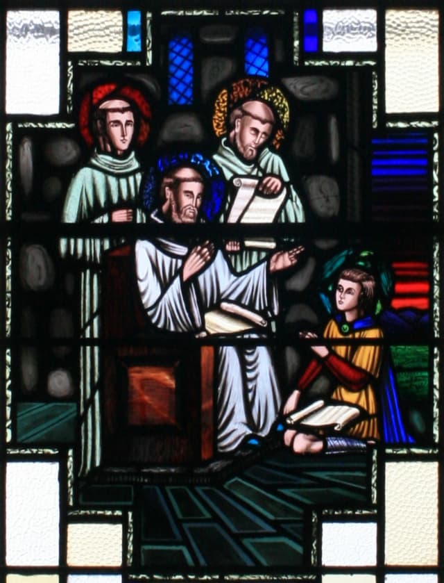 Stained-glass window of Saint Finnian of Clonard teaching