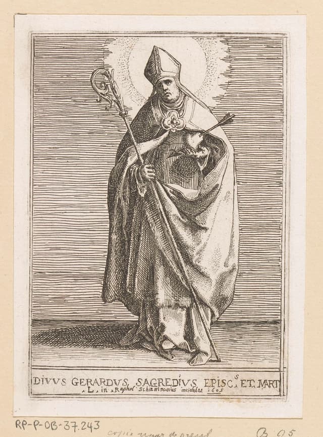 Etching of Saint Gerard of Csanad as bishop and martyr