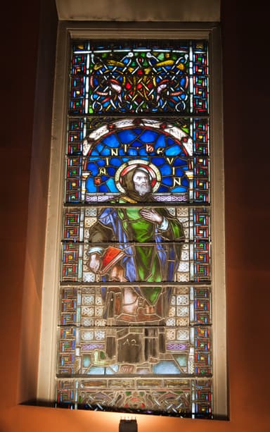 Stained-glass image of Saint Kevin