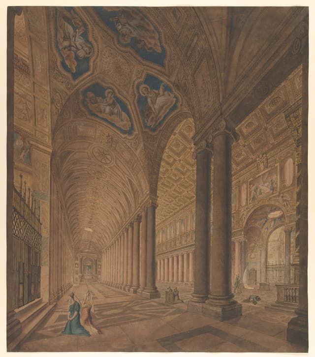 Anton Hallmann drawing of the interior of the Basilica of St. Mary Major in Rome