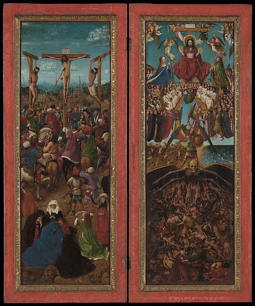 Two panels showing the Crucifixion and Christ presiding over the Last Judgment