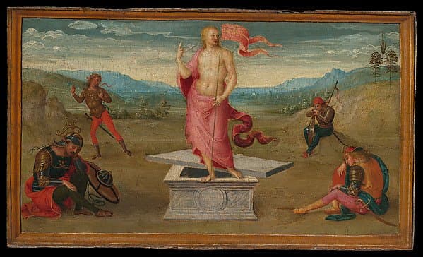 The risen Christ above His tomb, with soldiers below