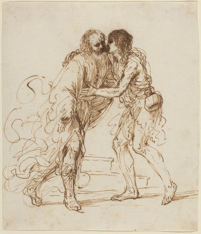 A father embracing his returning son, drawn in brown ink by Guercino