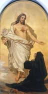 Saint Margaret Mary Alacoque kneeling before Christ revealing His Sacred Heart