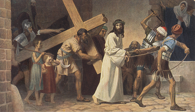 Traditional illustration for Station 5: Simon of Cyrene Helps Jesus Carry the Cross