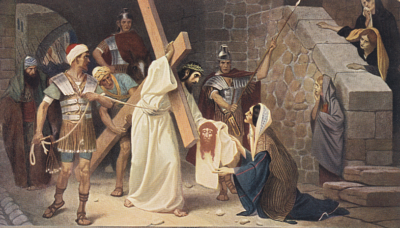 Traditional illustration for Station 6: Veronica Wipes the Face of Jesus